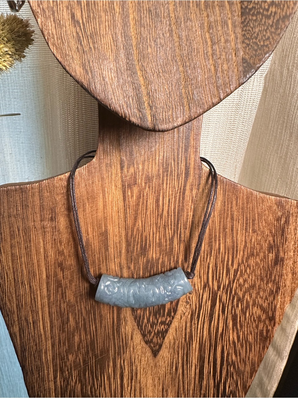 Green Jade Barrel Necklace on Brown Rope - Picture 4 of 16